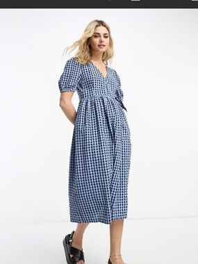 Monki Blue Gingham Midi Dress with V-Neck